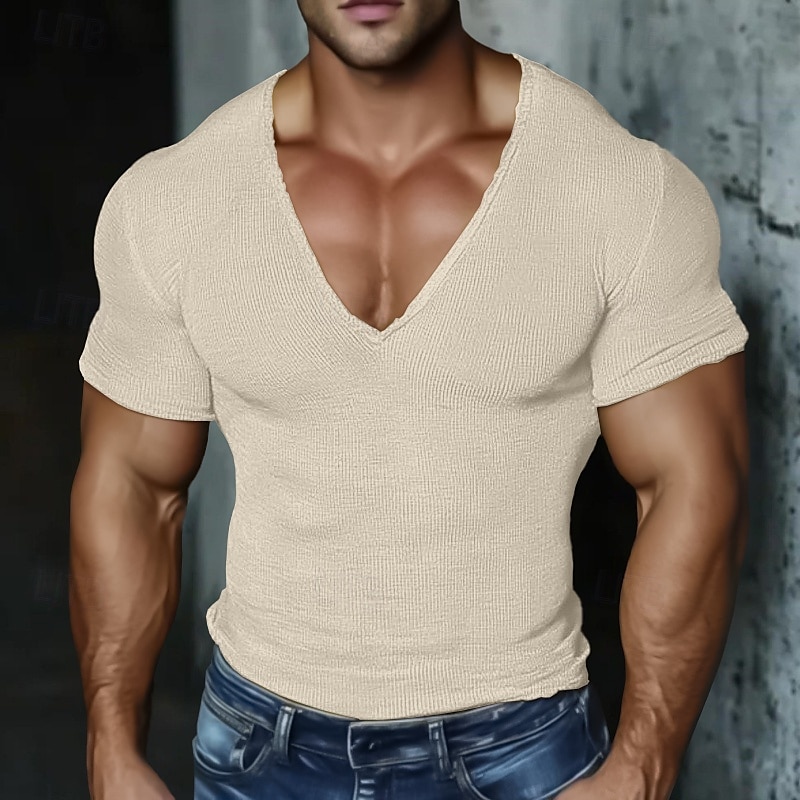 Férfi Kötött póló Tee Top Cotton Blend póló Rövid ujjú V-alakú Nyár Tömör szín Divat Dizájn Alap Kötött Vakáció Utca Hétköznapi Sárga Bézs Világoskék Férfi felső póló 2025 - $17.99 –P6