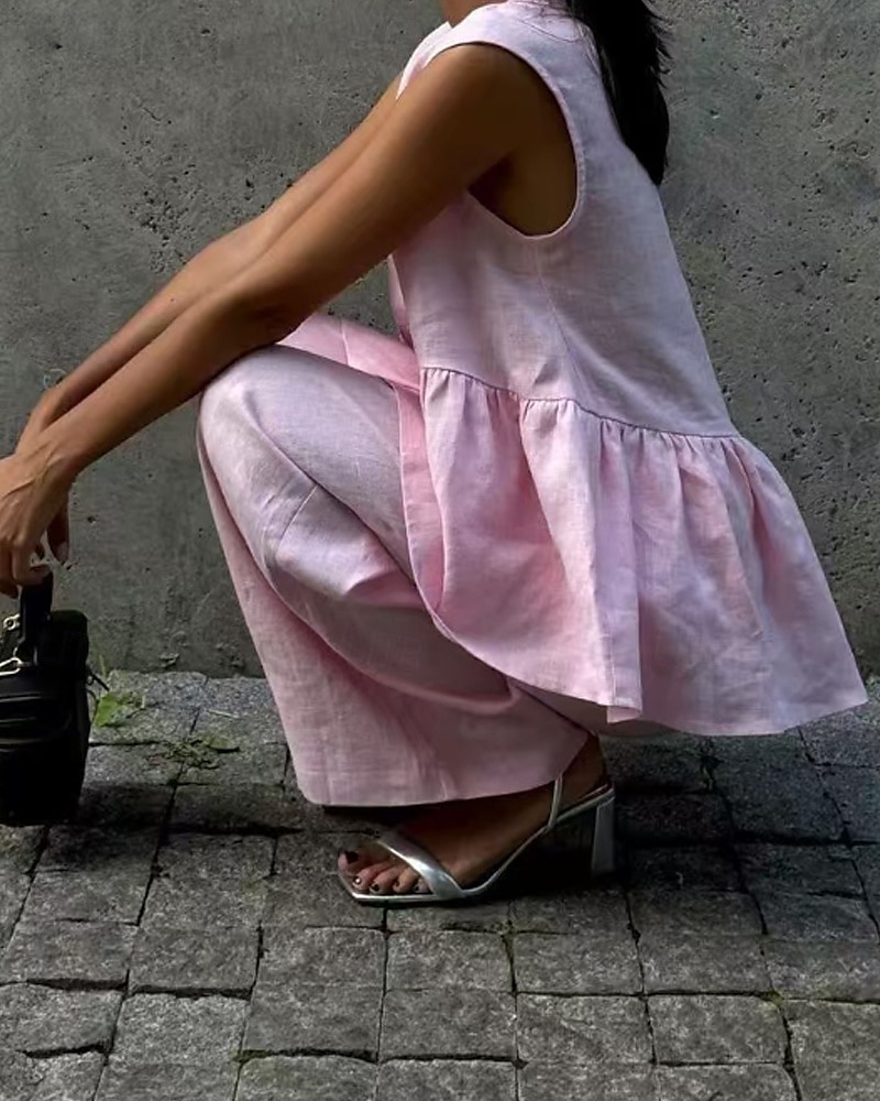 Damen Aktiv Mode Baumwoll-Leinen-Hemden Bluse Hosen-Sets Ärmellos V Ausschnitt Einfarbig Dubbele Rij Knopen Urlaub Alltagstauglich Schwarz Rosa Leicht Blau Sommer Normale Passform 2025 - $36.99 –P3