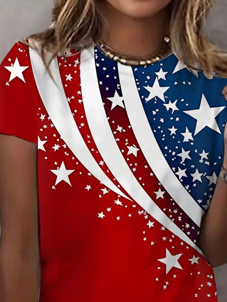 Unabhängigkeitstag patriotisches Damen T-Shirt Grafik Flagge vintage stilvoll klassisch kurzarm Rundhals reguläre Oberteile täglich Wochenende Druck rot Sommer 2026 - $22.99 –P3