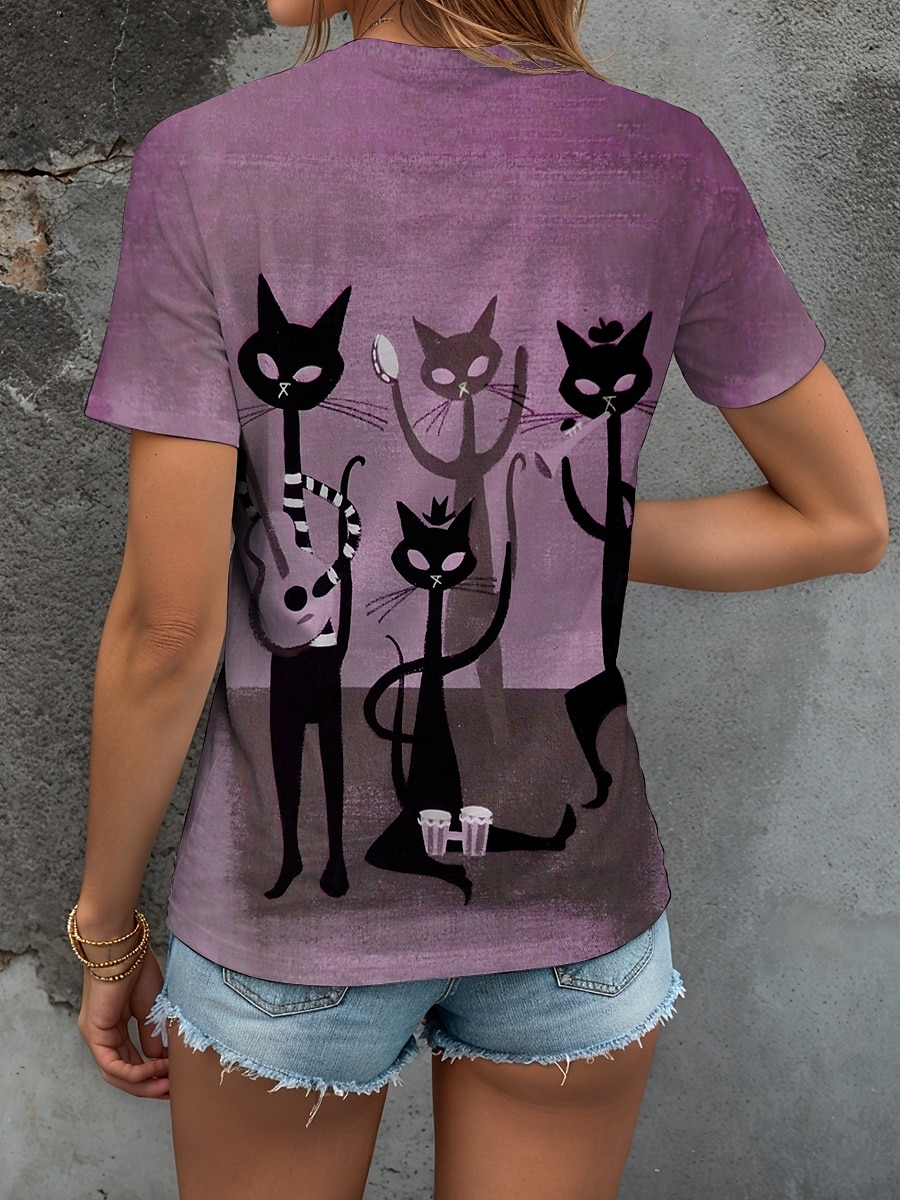 Femmes T-shirt Graphique Animal Chat ancien Élégant Classique Manche Courte Col en V Hauts Réguliers Quotidien Imprimé Rose poussiéreuse Marron clair Bleu Violet Vert Été Printemps de 2025 ? $19.99 –P2