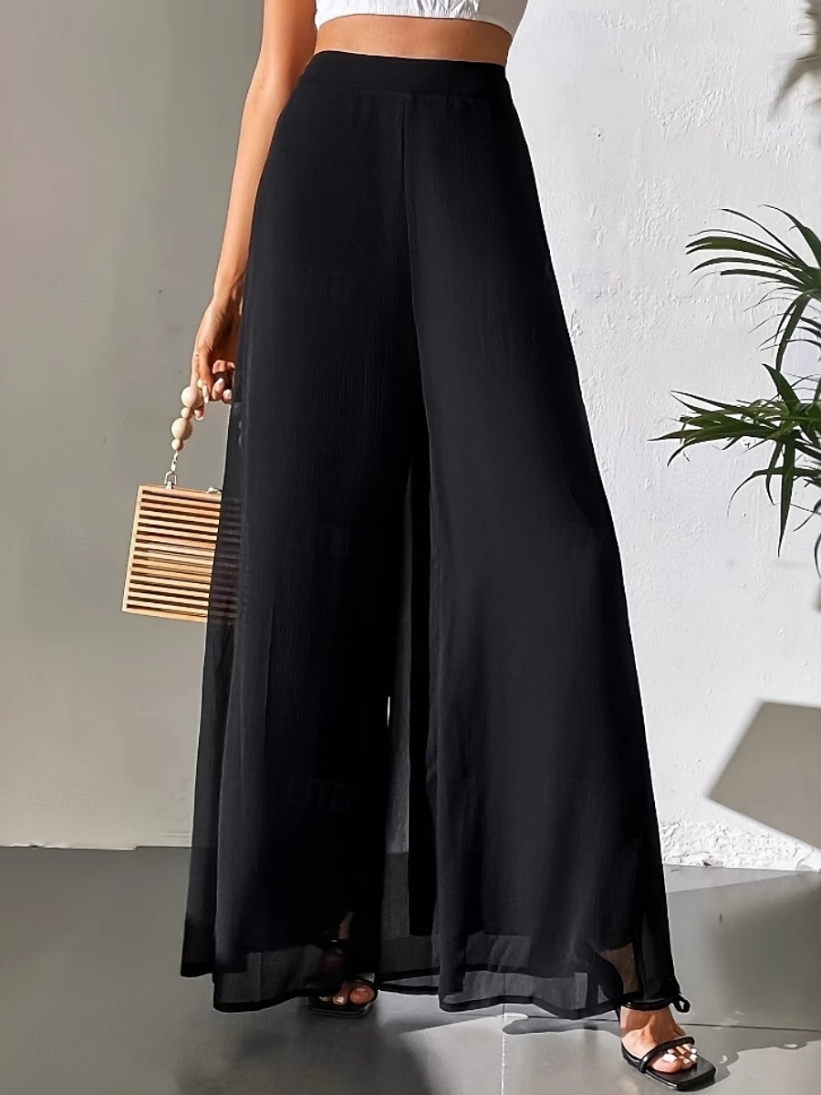 Femmes Jambe large Chinos Vacances ancien Mode Longueur complète Taille haute Uni Avec Poches Ceinture Élastique Confortable Doux Micro-Élastique Extérieur Rue Noir Été Printemps Coupe Ample de 2025 ? $24.99 –P4