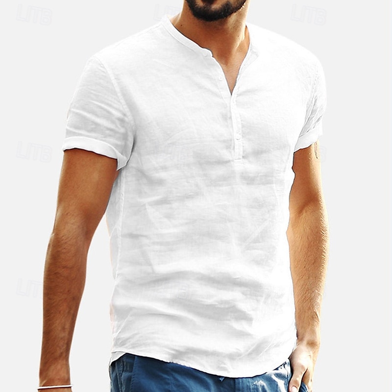 Per uomo Camicia Camicia di lino Camicia con colletto alla coreana Camicia popover Camicia Estiva Abbigliamento da spiaggia Tinta unica Vacanza Casuale Nero Bianco Azzurro cielo Grigio Maniche Corte del 2025 a $20.99 –P4