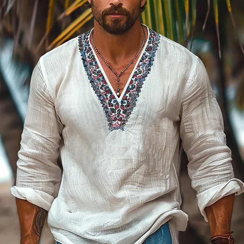 Voor heren Overhemd Linnen overhemd Popover-shirt Zomer overhemd Strand Kleding retro-overhemden Effen Kleur Vakantie Feestdagen Wit Lange mouw V-hals Zomer Lente Kleding Kwastje 2025 - $23.99 –P1