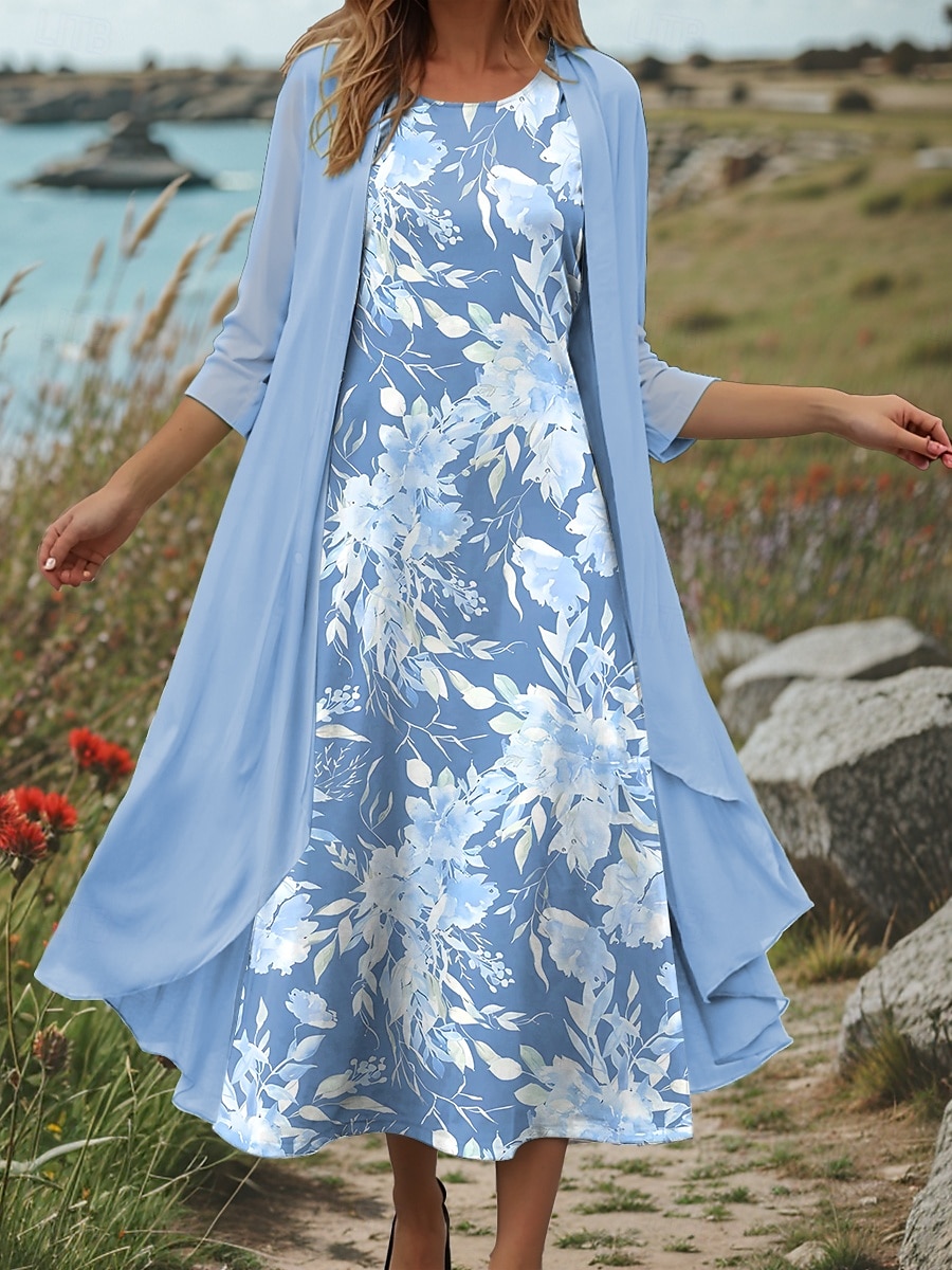 Pentru femei Set de rochii Rochie de schimb Rochie de vară Casual Floral Grafic Imprimeu Rochii Midi Lungime Manșon 3/4 Stil Nautic Zilnic Roz Îmbujorat Albastru piscină Mov Vară Primăvară Fit regulat 2025 - $36.99 –P1
