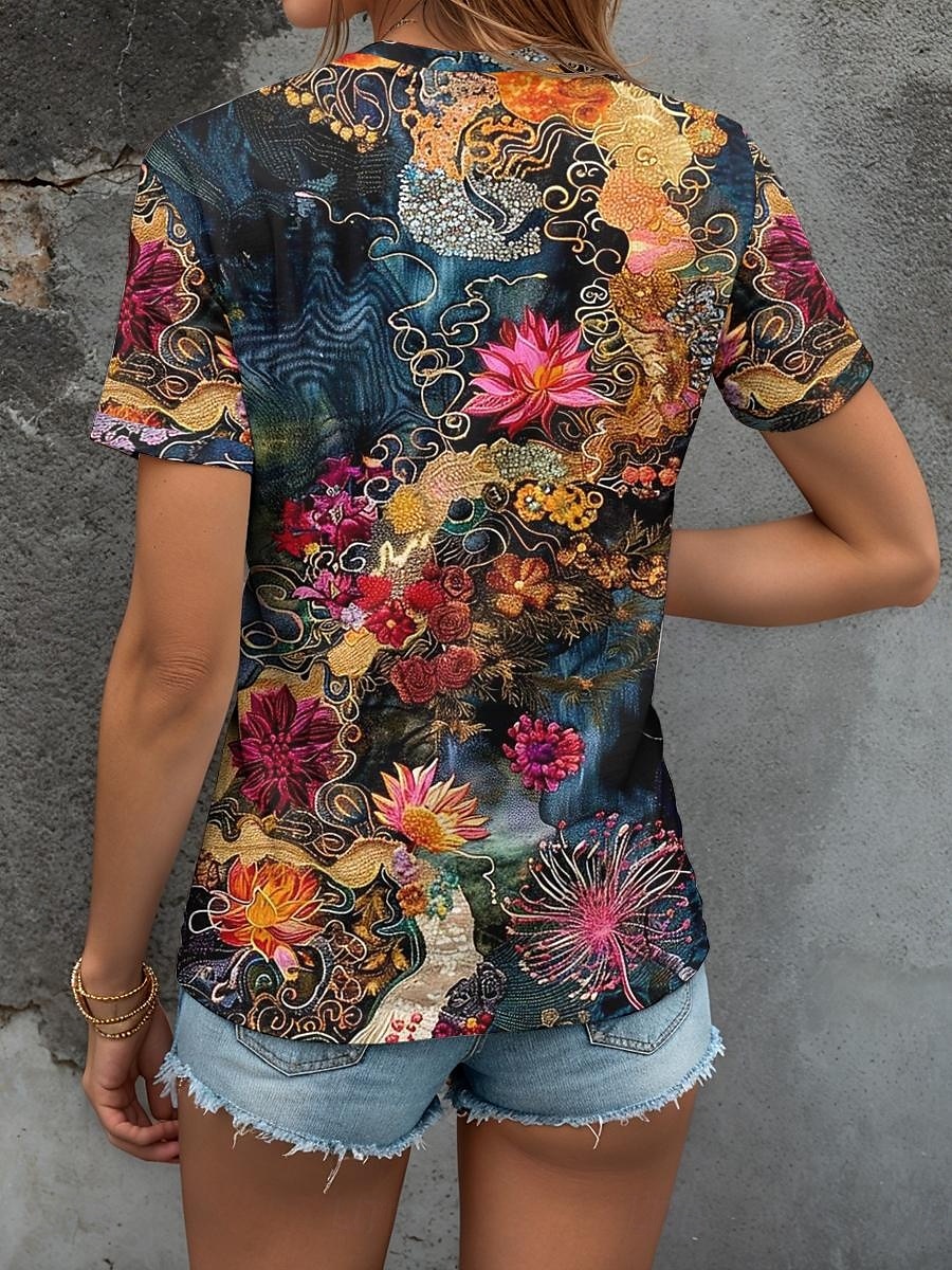 Femmes T-shirt Fleuri Graphique Plantes Bohème ancien Élégant Manche Courte Col ras du cou Col rond Hauts Réguliers Quotidien Sortir Week-end Imprimé Jaune Bleu Violet Vert Été Printemps de 2025 ? $21.99 –P2