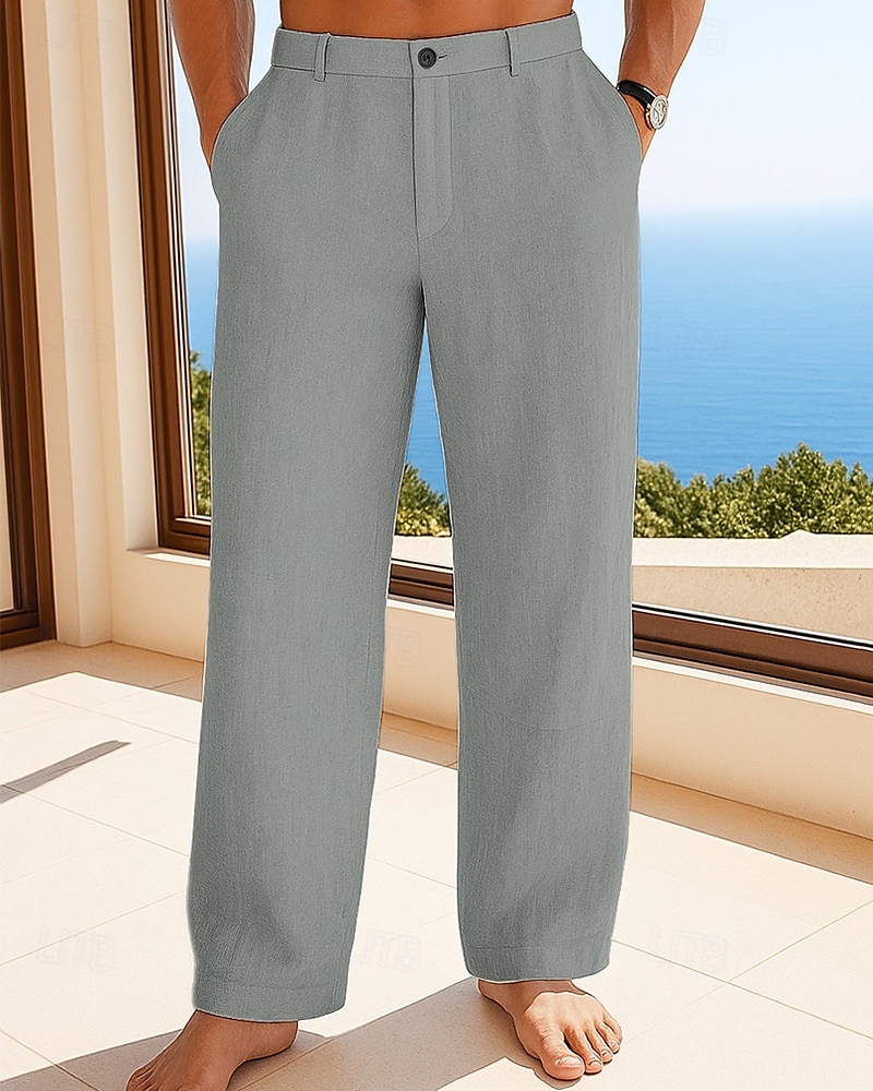 Herren Leinenhosen Hose Sommerhose Strandhose Knöpfe Tasche Einfach Komfort Atmungsaktiv Urlaub Täglich Ferien Hawaiianisch Boho Schwarz Weiß 2025 - AU $35.59 –P6