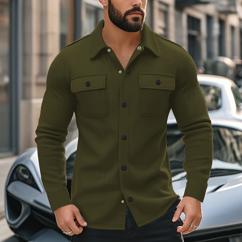 Men's Shirt Jacket Transition Jacket Daily Lightweight Pocket Summer Spring Plain Casual Lapel Light Grey Army Green Jacket 2025 - $22.99 –P3