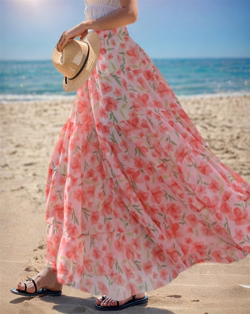Dame Asiatisk størrelse الالتفاف Huske Lang Lengde Høst Maksi Høyt liv Skjørt Blomstret Fargeblokk Multi Layer Chiffon Trykt mønster Mikroelastisk Feriereise Fritid / hverdag Hvit Rosa Rød Blå Sommer 2025 - $27.99 –P2