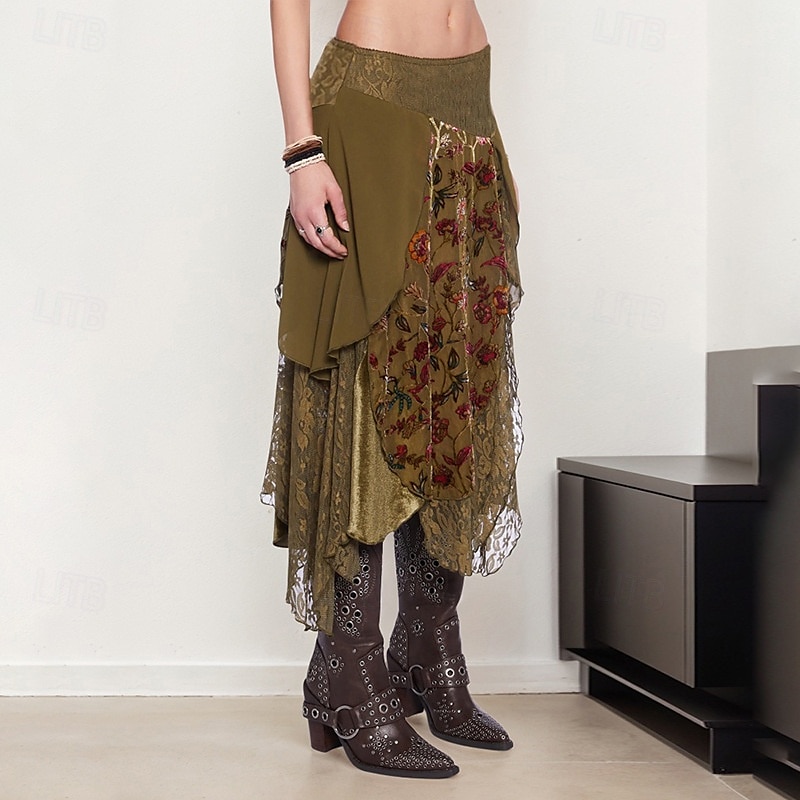 Femmes Jupe Mode Boho Midi Taille Basse Jupes Fleuri Dentelle Épissure Imprimé Micro-Élastique Vacances Rue Marron Été Polyester de 2025 ? $36.99 –P2