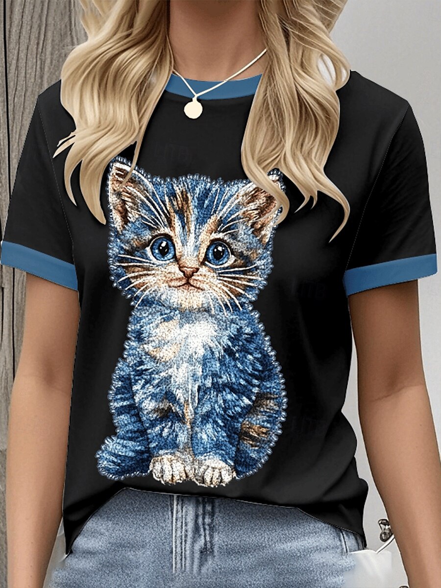 Per donna Maglietta Grafico Animale Gatto Vintage Elegante Classico Manica Corta Girocollo Top Regolari Quotidiano Weekend Stampato Nero Bianco Blu Grigio Estate Primavera del 2025 a $19.99 –P4