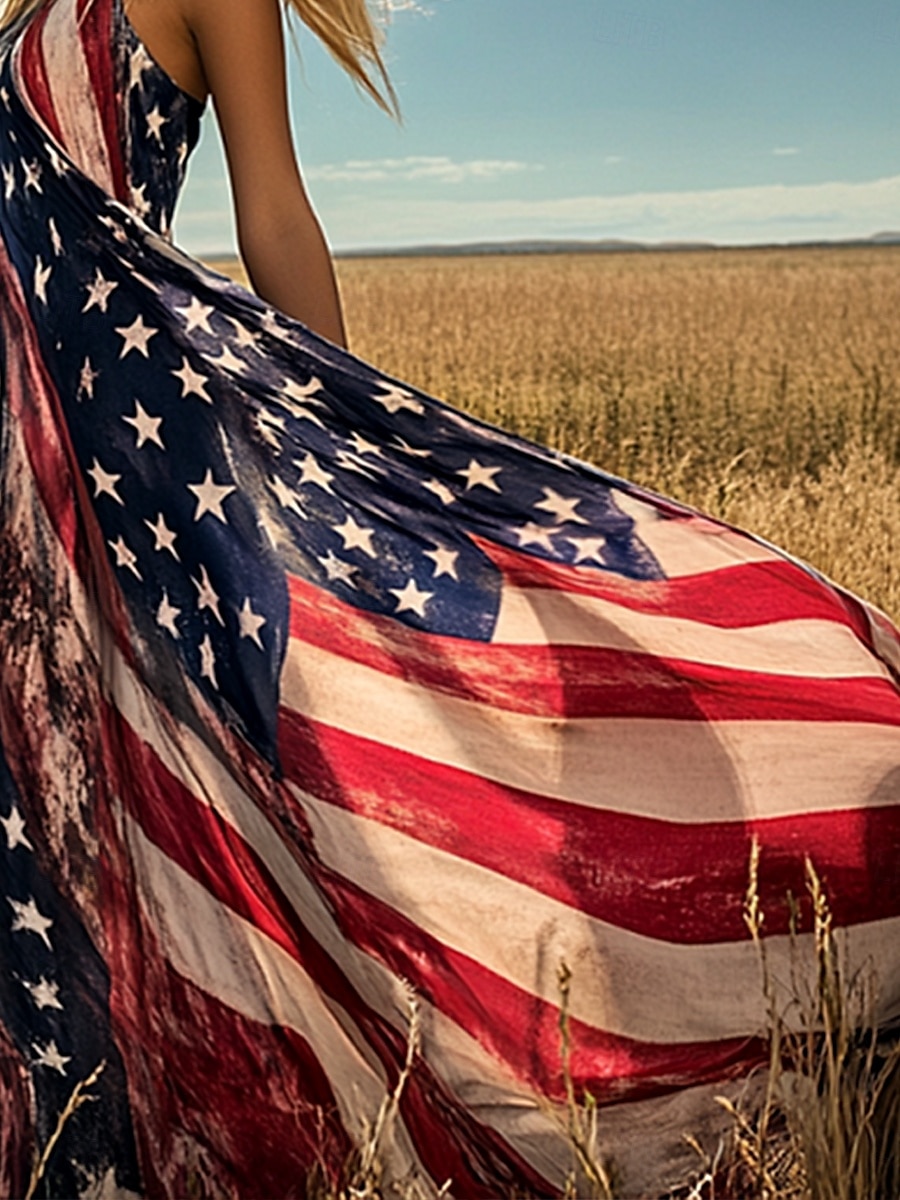 Independence Day Patriotic Women's Maxi Dress A Line Dress Slip Dress Vacation Casual Boho Beach Form Fit Graphic Flag Vintage Sleeveless V Neck Navy Blue Summer Spring 2026 - $36.99 –P3