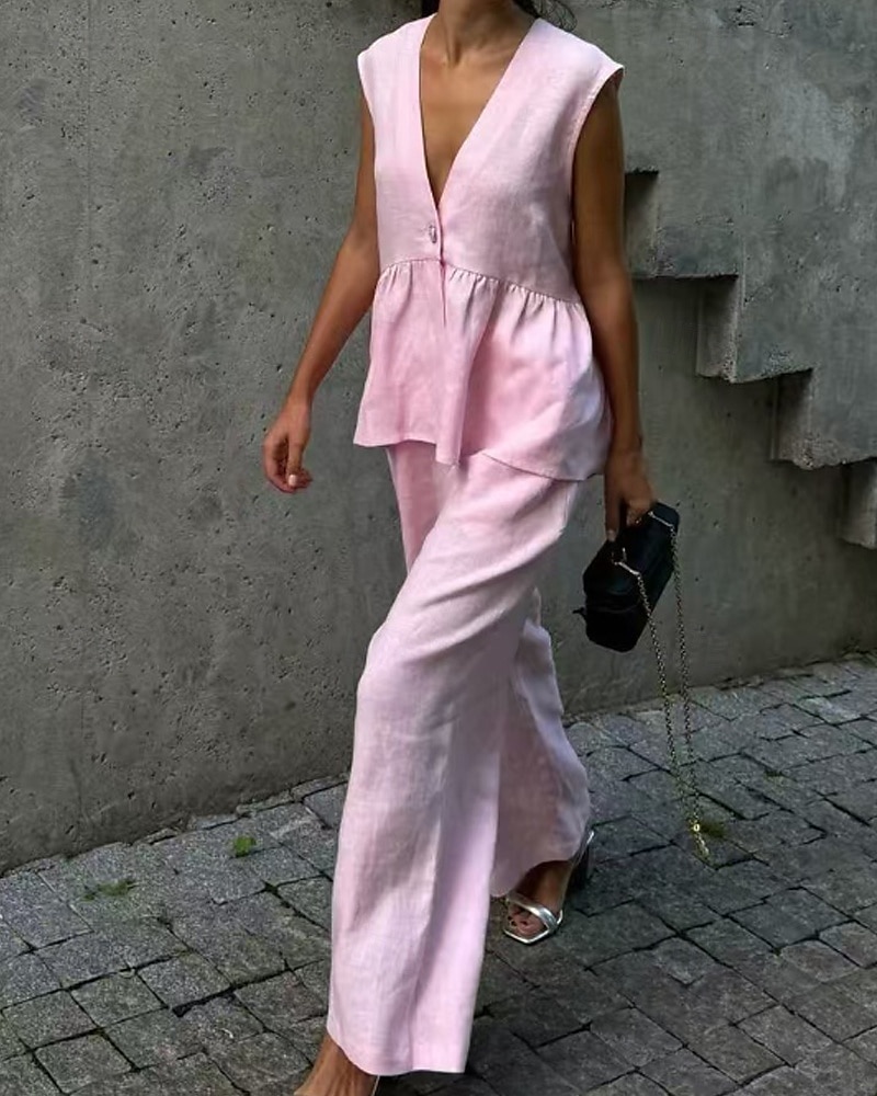 Damen Aktiv Mode Baumwoll-Leinen-Hemden Bluse Hosen-Sets Ärmellos V Ausschnitt Einfarbig Dubbele Rij Knopen Urlaub Alltagstauglich Schwarz Rosa Leicht Blau Sommer Normale Passform 2025 - $36.99 –P1