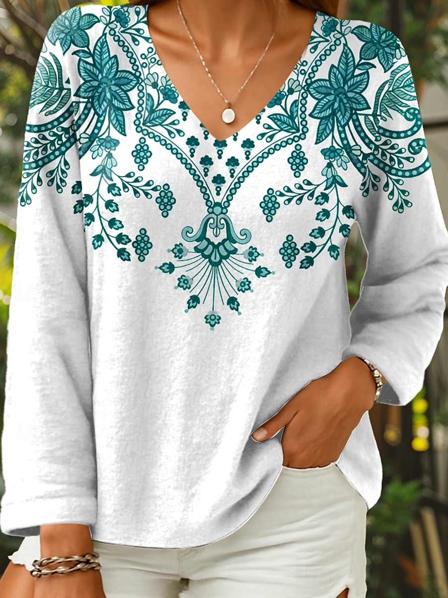 Dame Bluse Blomstret Grafisk Geometrisk Stilfull Fritid Langermet V-hals Vanlige topper Daglig Rød Blå Grønn Sommer Vår 2025 - $24.99 –P3
