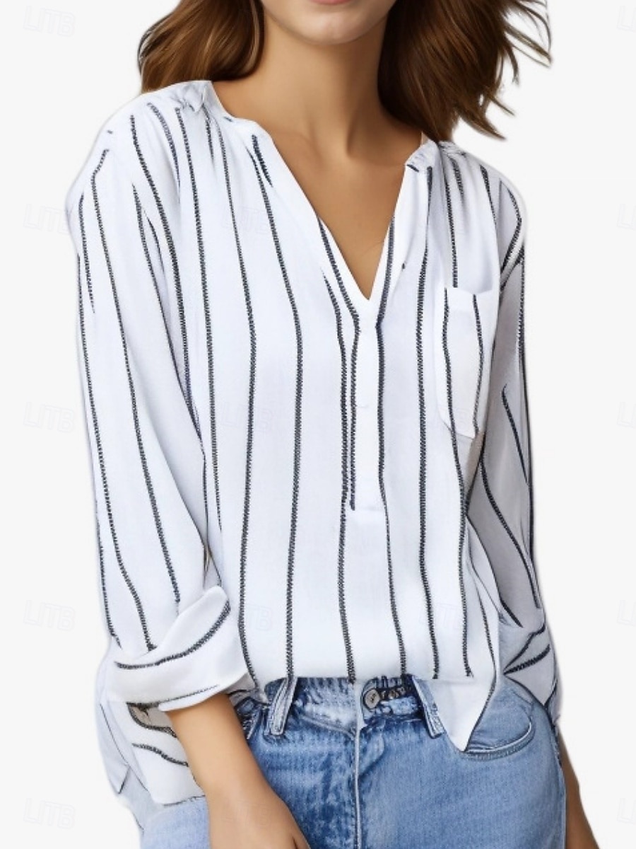 Dames Overhemd Gestreept Stijlvol Casual Lange mouw V-hals Normale tops Dagelijks Afdrukken Wit blauw Grijs Licht Blauw Zomer Lente 2025 - $18.99 –P7