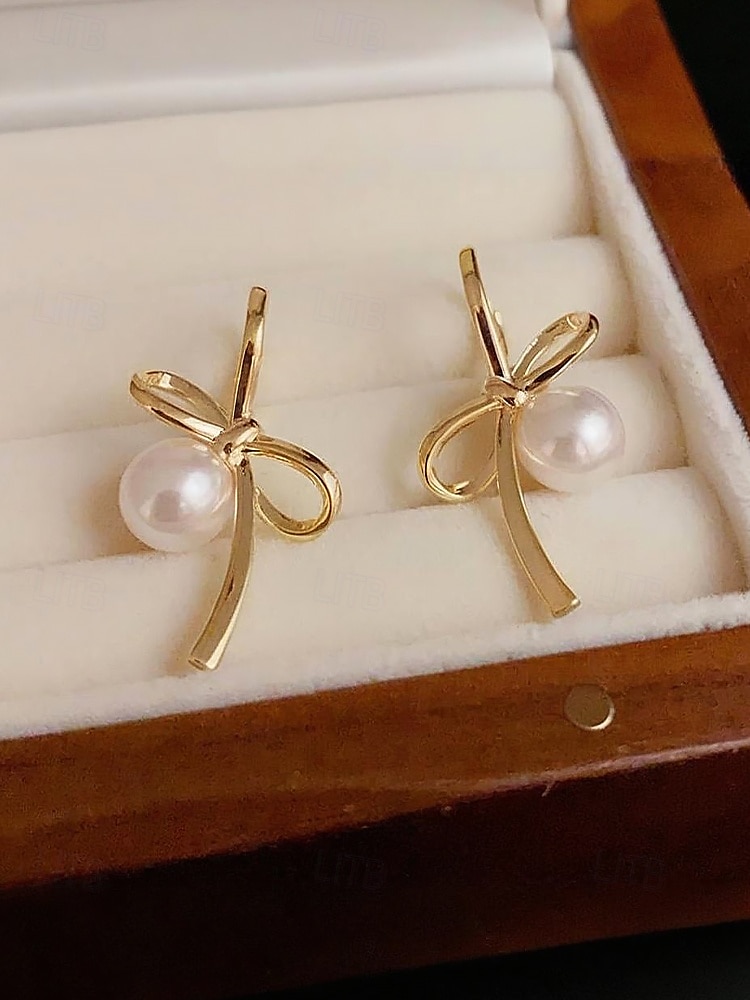 Women's Elegant Bow Knot Pearl Drop Earrings – Dainty Gold or Silver Plated Studs for Romantic Dates, Weddings and Daily Wear 2025 - $11.99 –P4