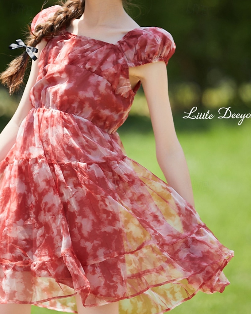Kids Girls' Dress Flower Short Sleeve Outdoor Ruched Fashion Adorable Polyester Knee-length Casual Dress Floral Dress Summer 4 years+ Red 2025 - $51.99 –P3