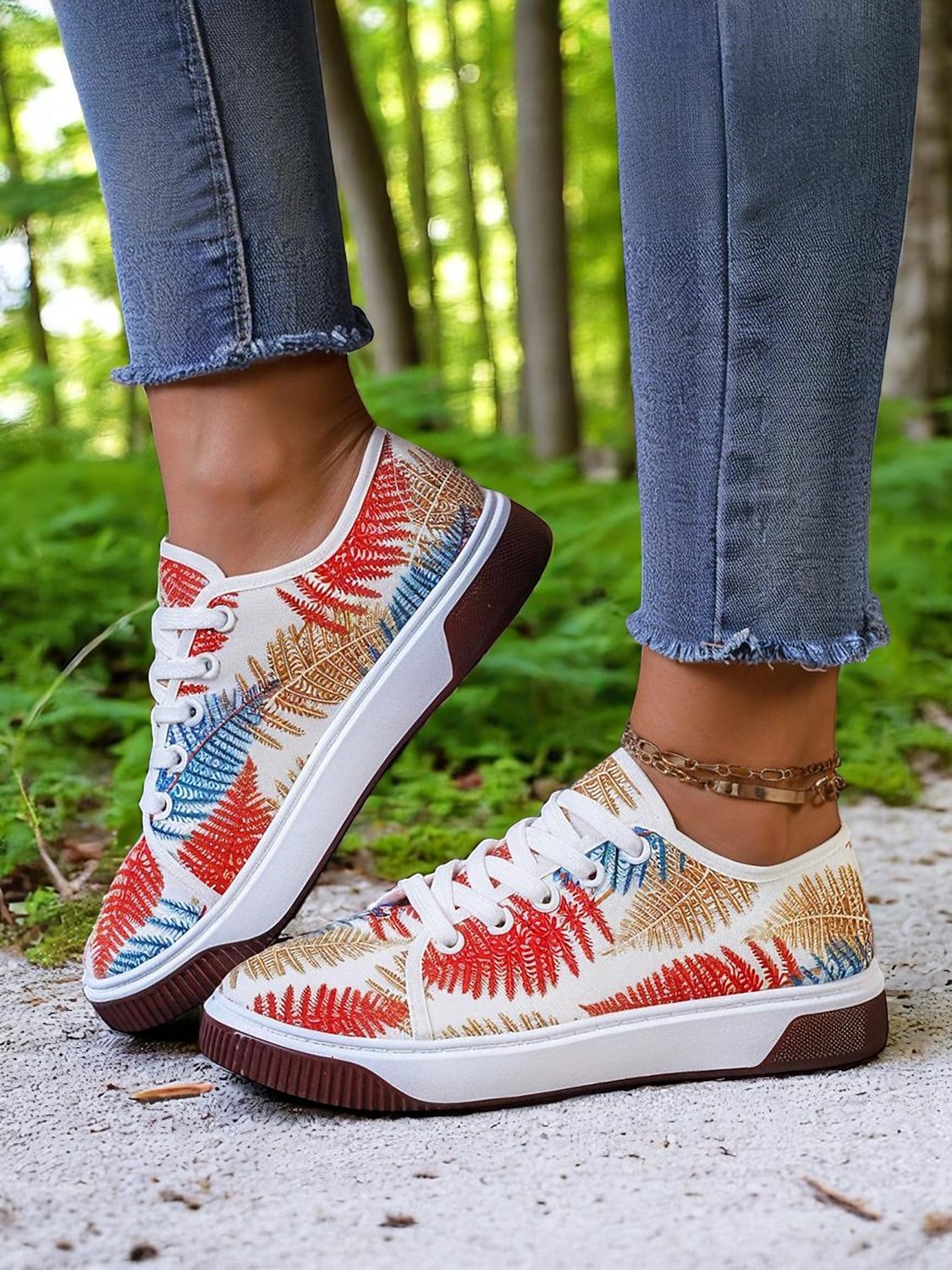 Färgglada damsneakers med lövtryck – avslappnade snörskor för naturälskande kvinnor, perfekta för promenader utomhus och vardagsbruk 2026 - $18.99 –P5