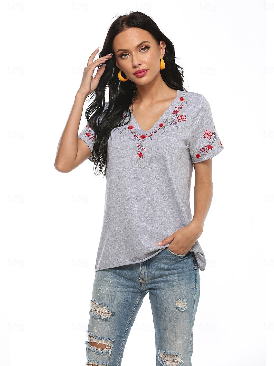 Erntedank Damen Baumwollhemd Einfach Bohemien Stilvoll Basic Kurzarm Puffärmel V Ausschnitt Normale Oberteile Täglich Sport Ausgehen Grau Sommer 2025 - $22.99 –P1