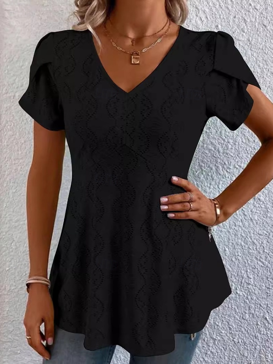 Women's Blouse Solid Color Stylish Basic Casual Short Sleeve V Neck Regular Tops Daily Lace Patchwork Black White Pink Blue Purple Summer 2025 - $17.99 –P2