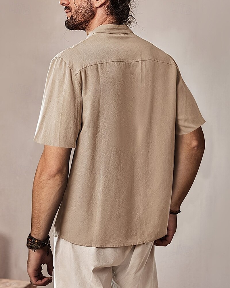 Men's Shirt Summer Shirt Casual Shirt Beach Shirt Black Apricot Short Sleeve Plain Band Collar Vacation Hawaiian Lace up Clothing Apparel Polyester Fashion Casual Comfortable 2025 - $23.99 –P3