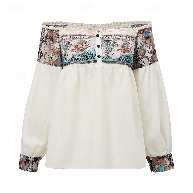 Damen Westernbluse Boho-Hemd Bluse Blume Modern Boho Langarm Schulterfrei Normale Oberteile Täglich Ausgehen Druck Aprikose Sommer 2025 - $26.99 –P1