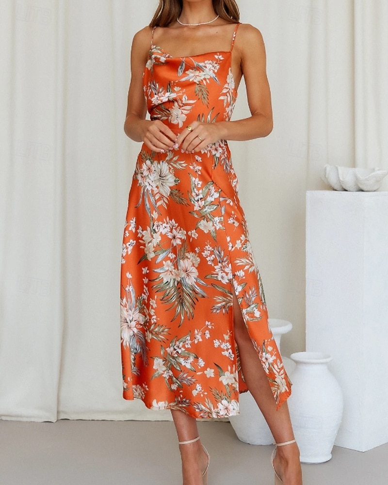 Women's Midi Dress Floral Dress Boho Dress Print Dress Fashion Classic Outdoor Vacation Holiday Regular Fit Flower Sleeveless Spaghetti Strap Pink Navy Blue Orange Summer 2025 - $25.99 –P8