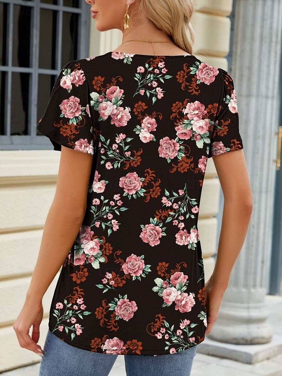 Damskie Podkoszulek Kwiaty Moda Nowoczesny Codzienny Krótki rękaw Kwadratowy dekolt Zwykłe topy Codzienny Weekend Biały Wino Niebieski Zielony Lato 2025 - $17.99 –P18