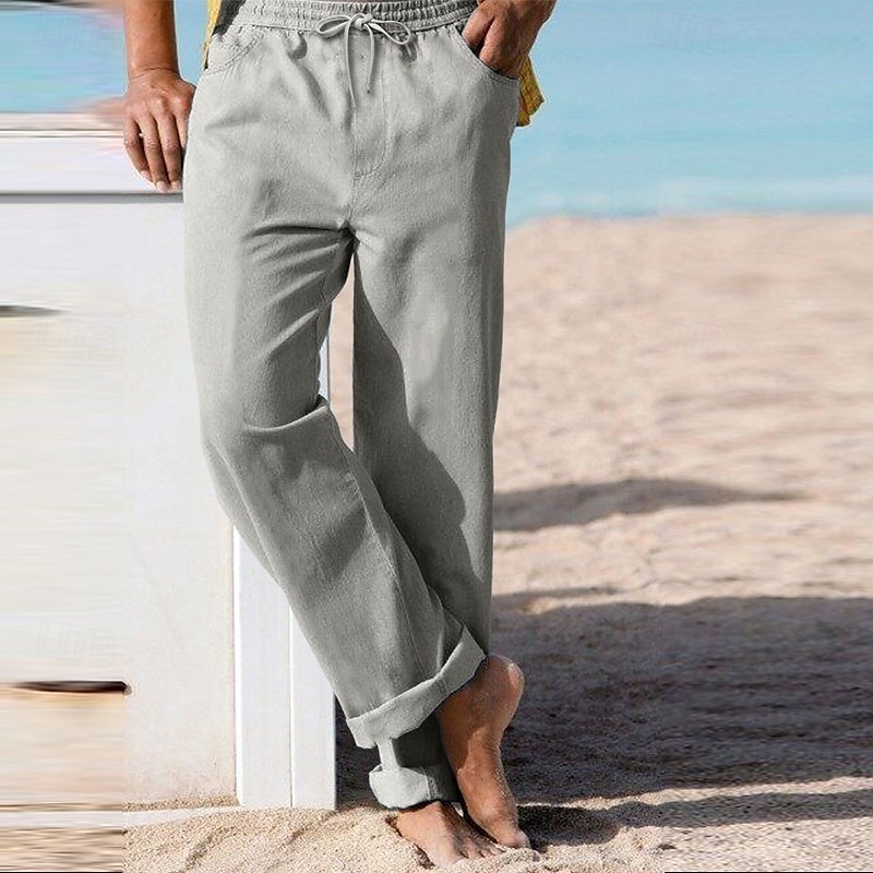 Homens Calças de linho Calças Calça verão Calças de praia Com Cordão Cintura elástica Perna reta Tecido Conforto Respirável Comprimento total Casual Diário Feriado Férias Moda Branco Azul Céu de 2025 por $23.99 –P4