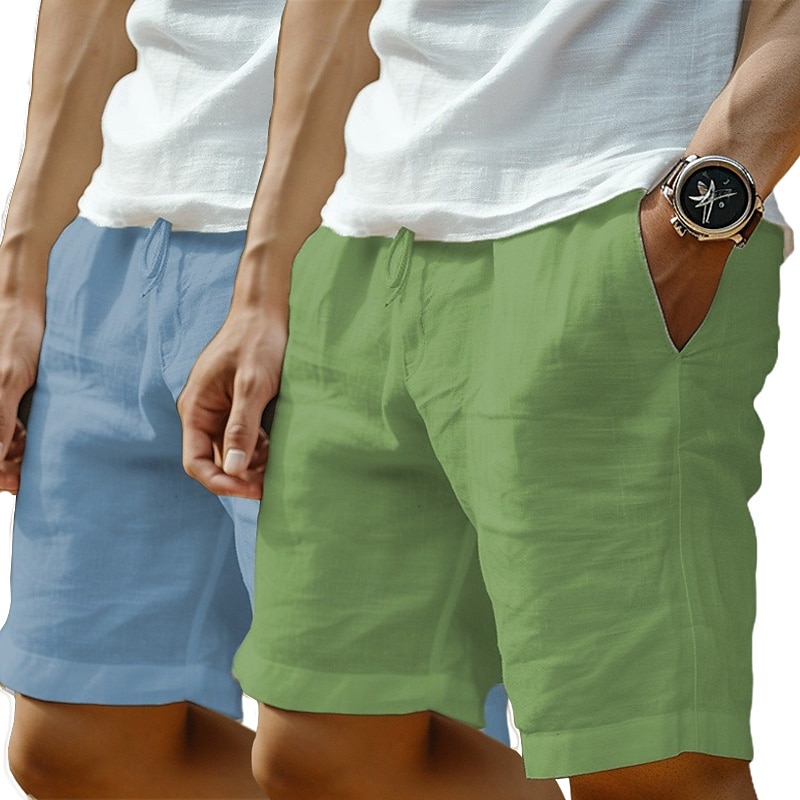 Confezione da 2 pantaloncini da uomo in lino, estivi, da spiaggia, con coulisse, tasca, elastico in vita, tinta unita, comodi, traspiranti, lunghezza al ginocchio, casual, per tutti i giorni, per le vacanze, alla moda, verde+grigio, nero+grigio del 2025 a $26.99 –P9