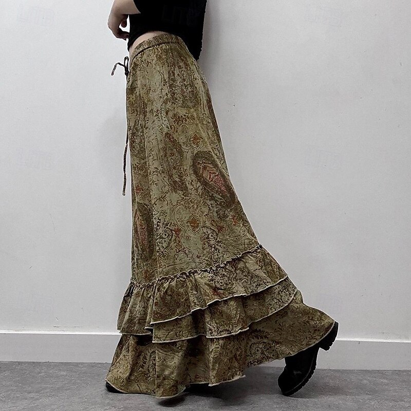 Damen Rock Rüschenrock Mode Boho Maxi Mittlere Hüfthöhe Röcke Blumen Rüsche Druck Mikroelastisch Urlaub Straße Braun Sommer Polyester 2025 - $25.99 –P5