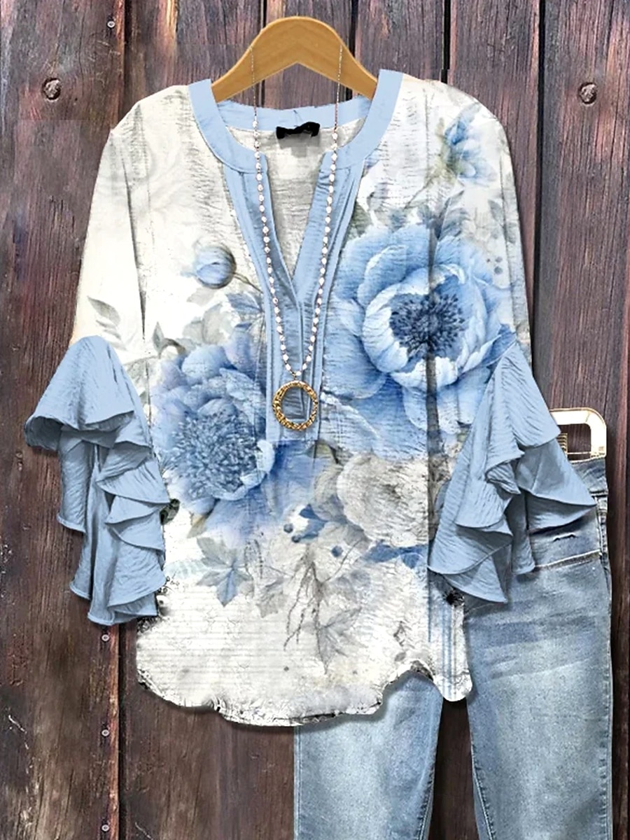 Damskie Bluzka Ombre Kwiaty Graficzny Elegancja Bohema Elegancki Rękaw 3/4 W serek Zwykłe topy Codzienny Święto Ubrania wakacyjne Falbana Nadruk Blush Pink Jasnozielony Jasnoniebieski Lato Wiosna 2025 - $29.99 –P1