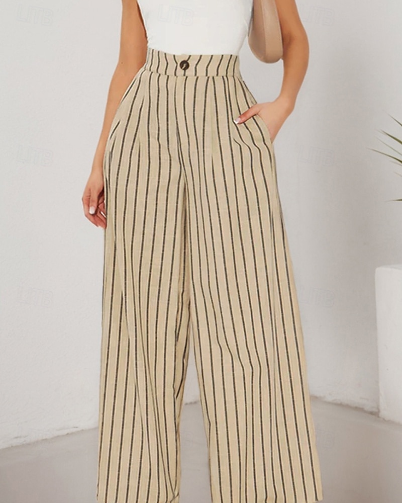 Mulheres Calças de linho de algodão Calças Moda Roupa de rua Comprimento total Natural Listrado Bolsos Cintura elástica Confortável Ao ar livre Rua cáqui Verão Normal de 2025 por $34.99 –P1