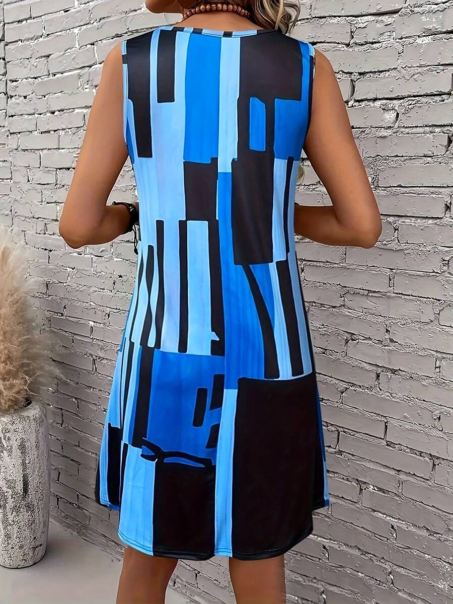 Women's Mini Dress Sundress A Line Dress Summer Dress Vacation Casual Regular Fit Graphic Geometric Color Block Sleeveless U Neck Light Brown Blue Summer Spring 2025 - $21.99 –P2