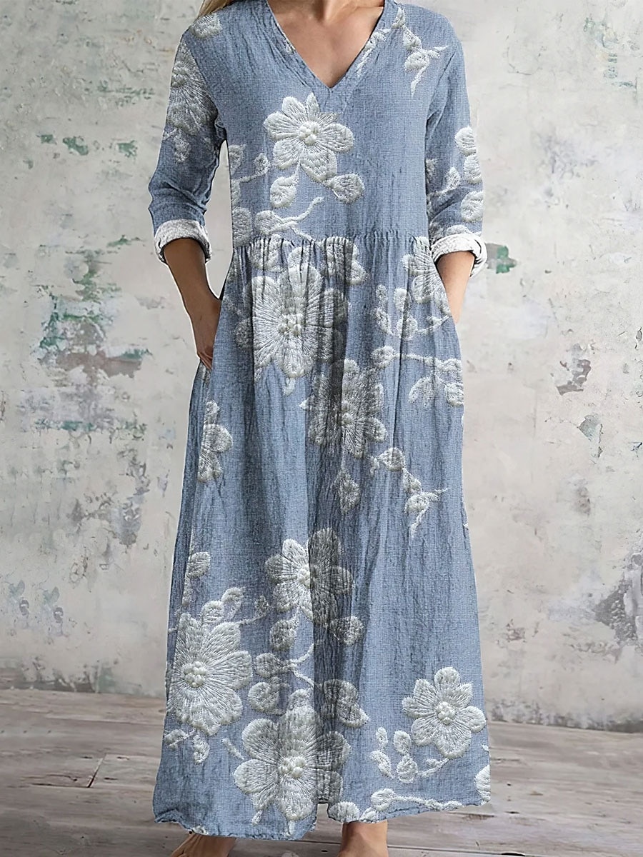 Damen Midikleid A Linie Kleid Sommerkleid Lässig Täglich Normale Passform Blumen Grafik Dreiviertelarm V Ausschnitt Rosa Blau Sommer 2025 - $35.99 –P1
