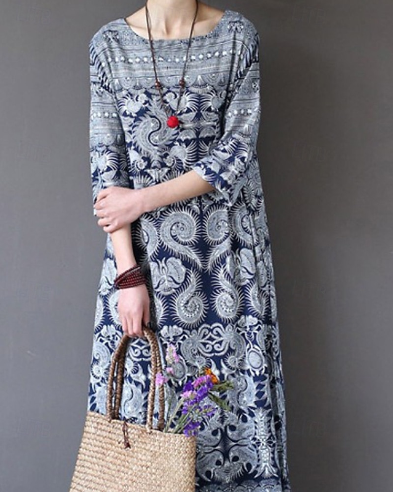 Femmes Robe Midi Robe en coton et lin Robe Fleurie Robe bohème Robe Imprimée Mode Classique Extérieur Vacances Fête Coupe régulière Fleur Manche 3/4 Col ras du cou Bleu clair Été de 2025 ? $23.99 –P2