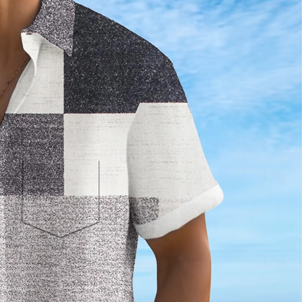 Herren Geometrisch Farbblock Karo / Karomuster Hemd Sommerhemd Knopfhemd Kurzarm Modisch lässig Urlaub Ferien Streetwear Sommer Umlegekragen 3D-Druck Eine Tasche vorne Leinenähnliches Hemd Khaki Grau 2025 - $23.99 –P4