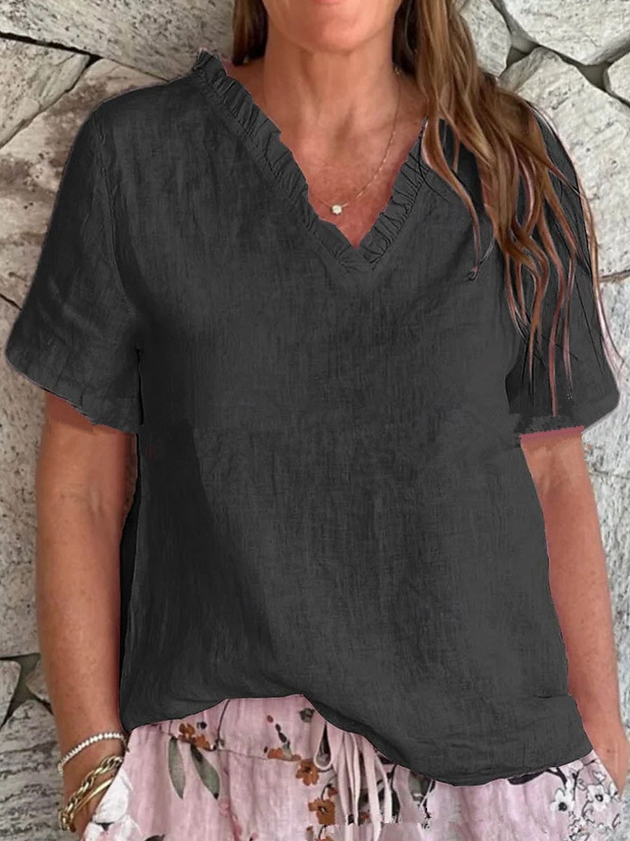 Damen Bluse aus Baumwolle und Leinen, einfarbig, elegant, lässig, kurzärmlig, V-Ausschnitt, normale Oberteile, Alltag, Urlaub, Rüschen, schwarz, weiß, gelb, rosa, blau, Sommer, Frühling 2025 - $19.99 –P4