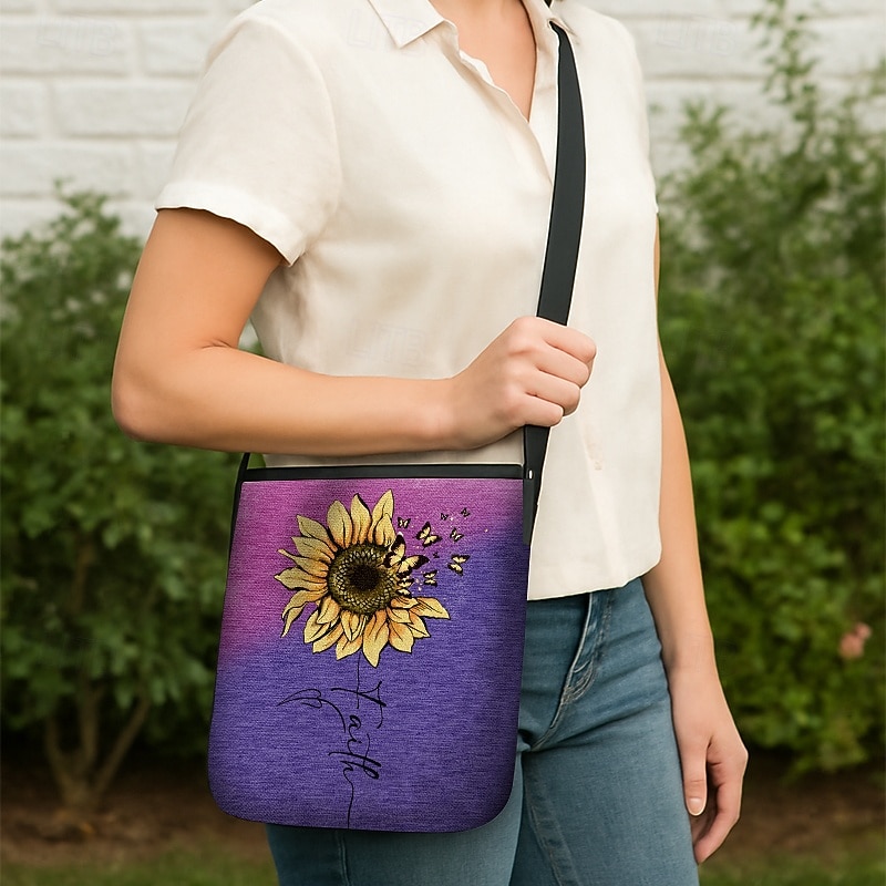 Geantă crossbody pentru femei cu imprimeu de floarea-soarelui - geantă de umăr din material textil impermeabil de mare capacitate, cu curea de umăr reglabilă, design inspirat de „credință”, potrivită pentru timpul liber, călătorii și utilizare zilnică 2026 - $24.99 –P3