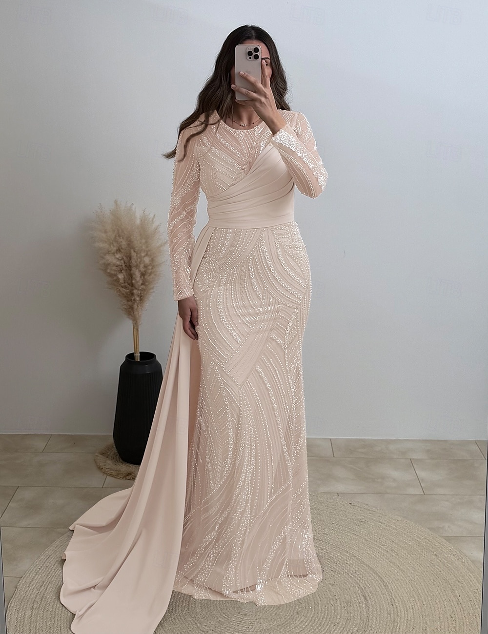 Robe de soirée colonne bleue élégante robe de carnaval formelle longueur de sol manches longues décolleté illusion sequins avec paillettes de 2025 ? $149.99 –P3