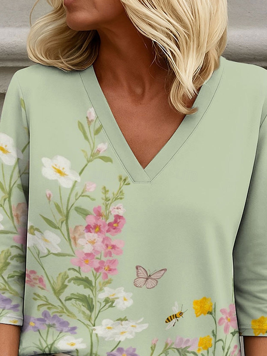 Pentru femei Bluză Floral Grafic Elegant Stilat Casual Lungime Manșon 3/4 În V Topuri obișnuite Zilnic Concediu Ieșire Imprimeu Trifoi Vară Primăvară 2025 - $25.99 –P3