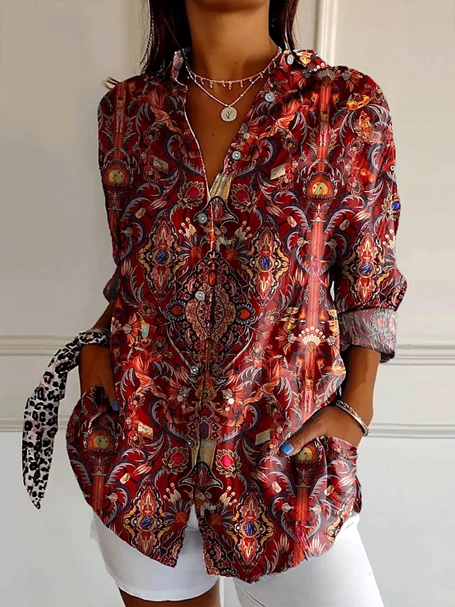 Women's Shirt Floral Graphic Paisley Bohemia Vintage Western Long Sleeve Shirt Collar Regular Tops Daily Holiday Vacation Wear Buttons Print Maroon Blue Rose Pink Summer Spring 2025 - $32.99 –P1