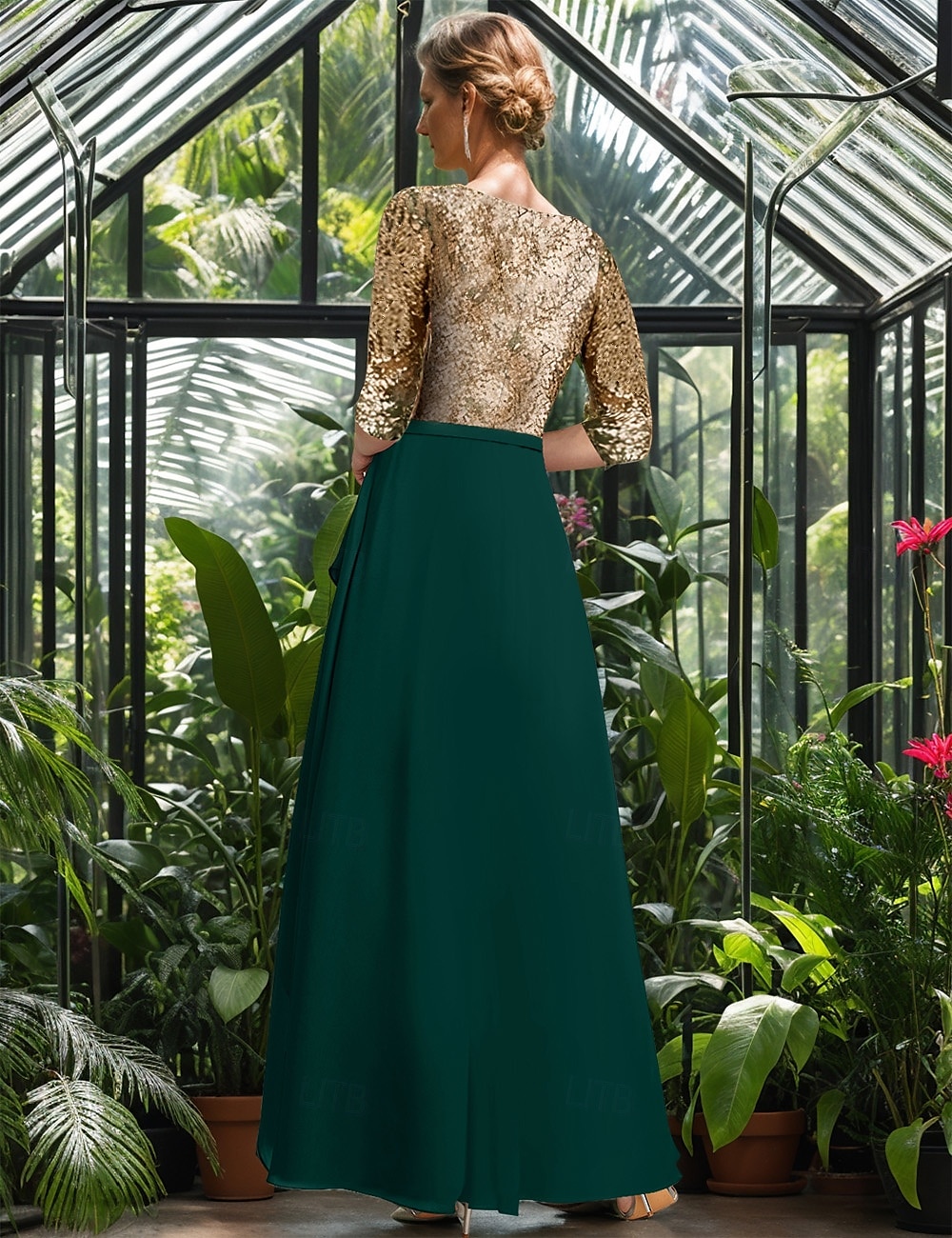 Třpytkové krajkové zlaté A-line šaty matky nevěsty Elegantní vintage jednoduché výstřih do V podlahové délky svatební host šaty chiffon krajka s rukávem 3/4 s flitrovanou krajkou a nařasenými detaily 2025 - $134.99 –P3