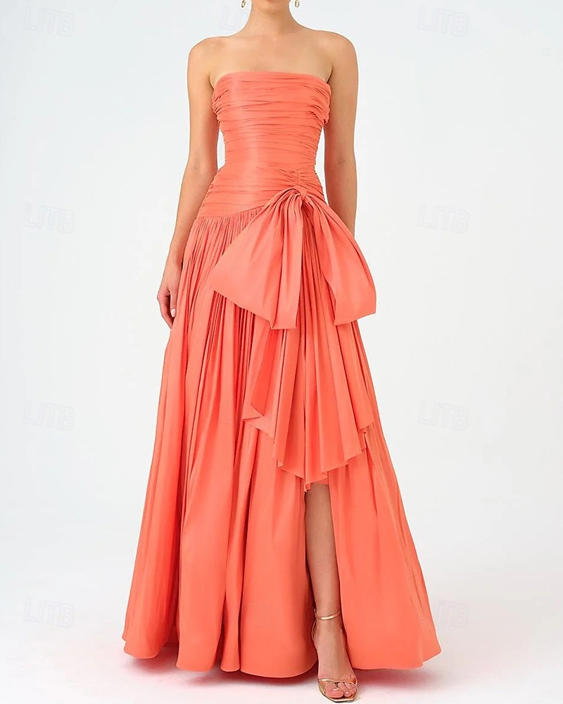 Vestido de Noite A-Line Vestido Elegante Tafetá Casamento Formal Comprimento até o Chão Sem Mangas Sem Alças Chiffon com Laços Detalhes Ruchados de 2025 por $148.99 –P1