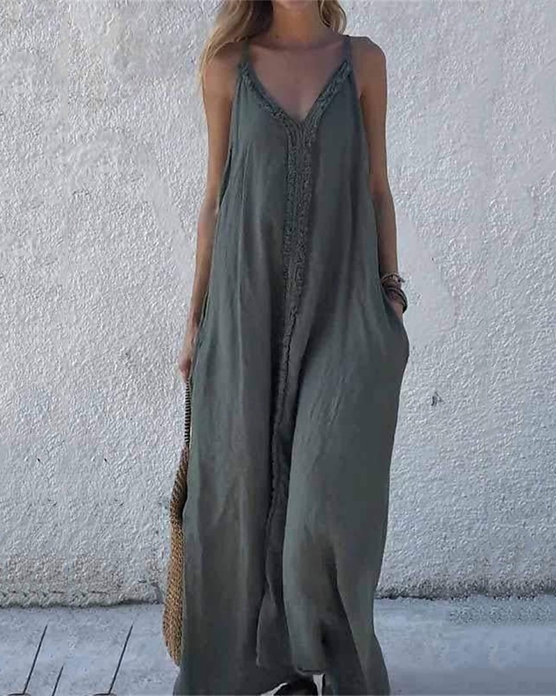 Dámské Dlouhé šaty Maxi šaty Šaty inspirované plátnem Bavlněné lněné šaty Slip Dress Boho šaty Vinobraní Módní Venkovní Párty Dovolená Běžný Bez vzoru Bez rukávů Do V Hnědá Trávová zelená Světle šed 2025 - $32.99 –P2