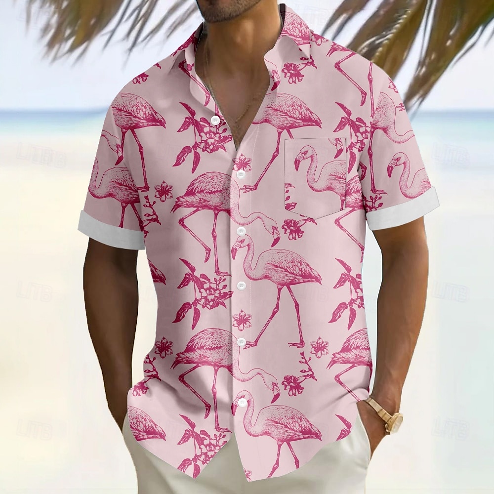 Miesten Flamingo Lintu Havaiji paita Button Up paita Havaijilaispaita Lyhythihainen Havaijilainen Loma Pyhäpäivä Ranta-asut Kesä Sänkyjen avaus 3D-tulostus Edessä yksi tasku Pellava kuin paita 2025 - $23.99 –P1