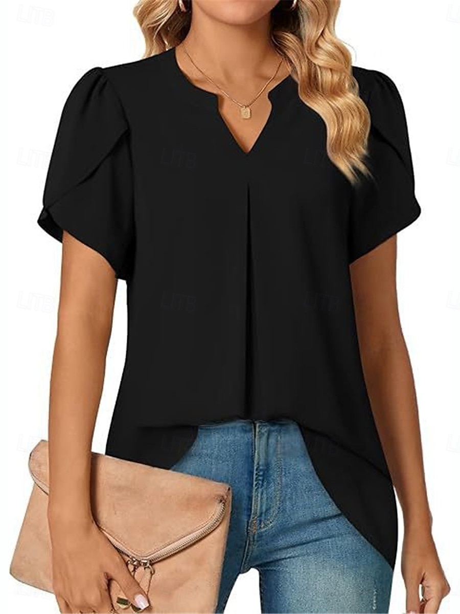 Femmes Chemisier Couleur Unie Élégant Basique Occasionnel Manche Courte Col en V Hauts Réguliers Quotidien Noir Blanche Bleu Vert Abricot Été de 2025 ? $19.99 –P8