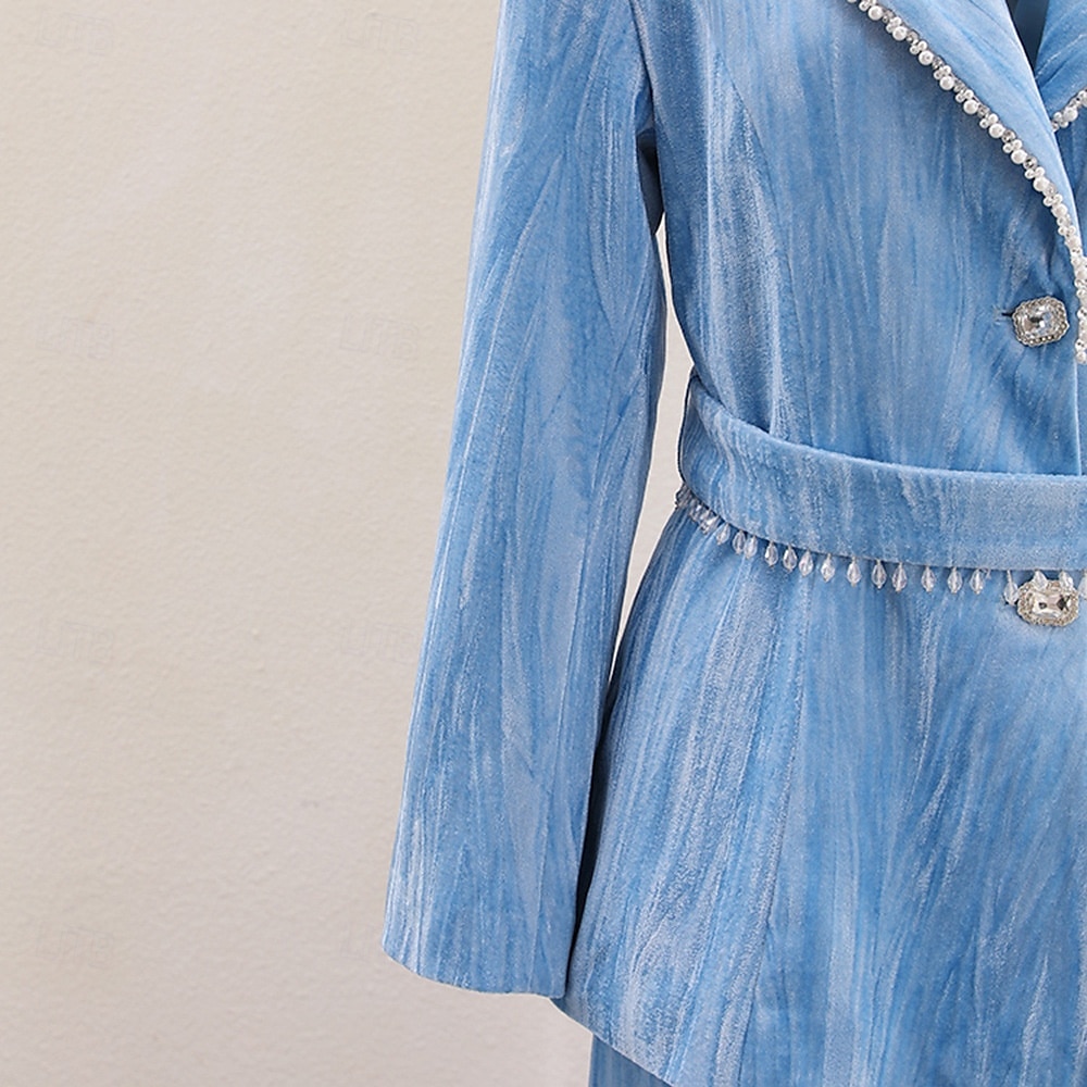 Blue Velvet Pantsuit Mother of the Bride Suit Elegant Minimalist Notched Lapel Floor Length Long Sleeve with Pearls 2025 - $129.99 –P6