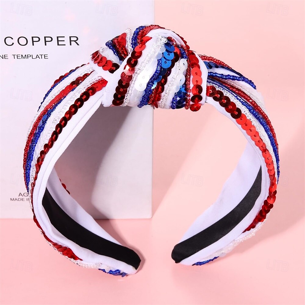 4 juli hoofdband voor vrouwen en meisjes, 4 juli geknoopte hoofdband, rood, wit en blauw, met pailletten en kralen versierde patriottische haarband, Amerikaanse vlag, Amerikaanse onafhankelijkheidsdag 2025 - $12.49 –P6