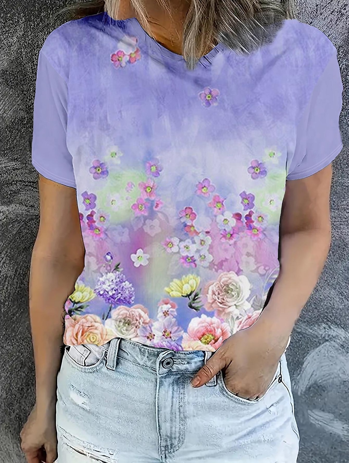 Damen T Shirt Sommeroberteile Blumen Grafik Klassisch Lässig Kurzarm Rundhalsausschnitt Crop Tops Täglich Wochenende Druck Violett Leicht Blau Sommer Frühling Herbst 2025 - €15.99 –P1