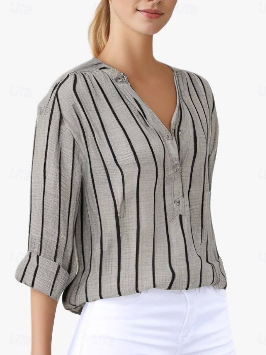 Dames Overhemd Gestreept Stijlvol Casual Lange mouw V-hals Normale tops Dagelijks Afdrukken Wit blauw Grijs Licht Blauw Zomer Lente 2025 - $18.99 –P9